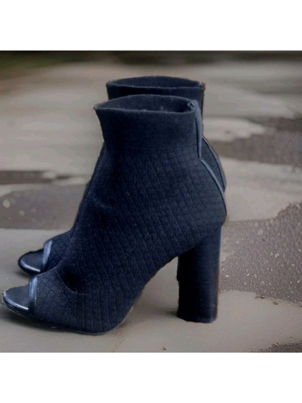 Gianni Bini Fabric Quilted Ankle Boots Womens 7.5 Black Open Toe Block Heel